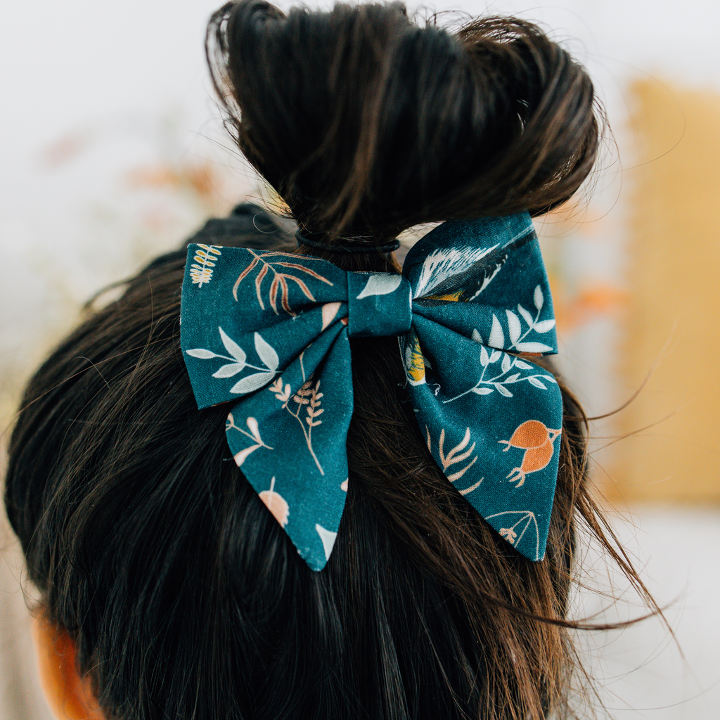Jasmine Bow- Teal Chickadee Violet and Hawthorn | Handmade Hair Bow